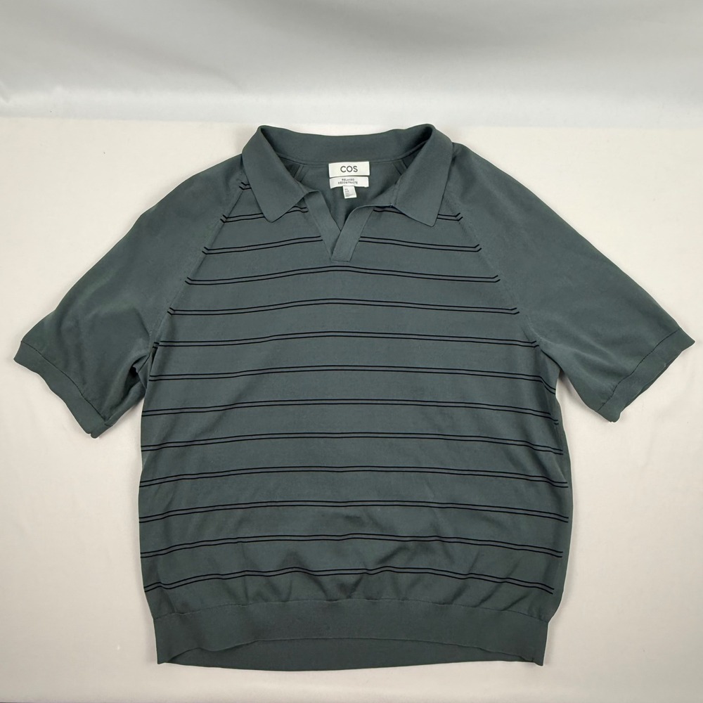 COS Mens Relaxed Fit Striped Knit Polo Shirt Teal Green XL Short Sleeve V-Neck